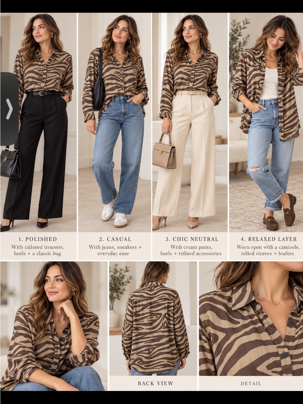 Women’s Brown Zebra Print Button-Up Shirt - Casual to Chic Layering size M 100
